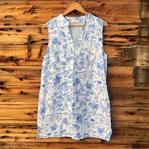 TORY BURCH | Linen Blend Sleeveless Blue White Printed Dress 8